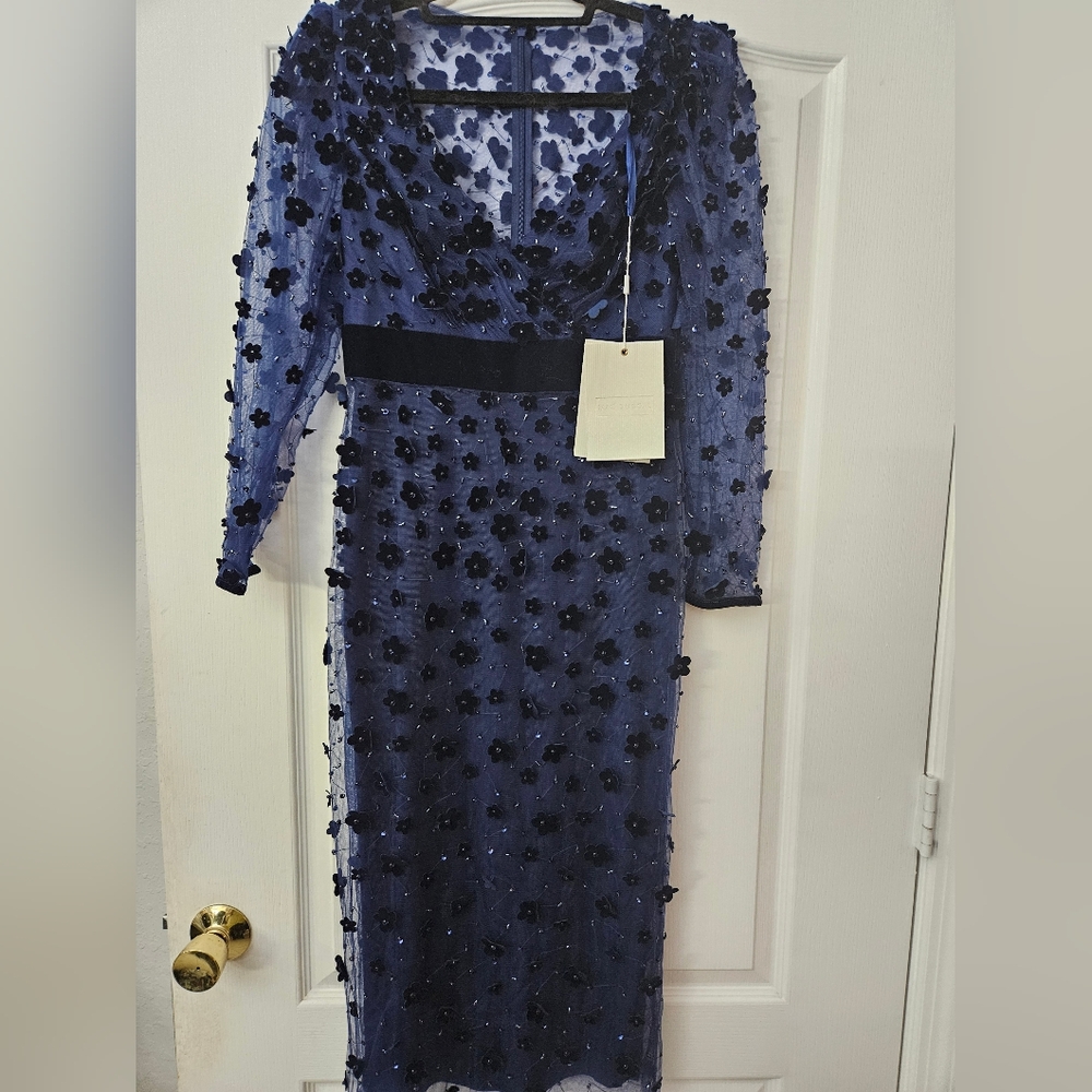 Mac Duggal Navy Embellished V Neck Illusion Long Sleeve Column Midi SZ 4 NWT - Picture 3 of 11